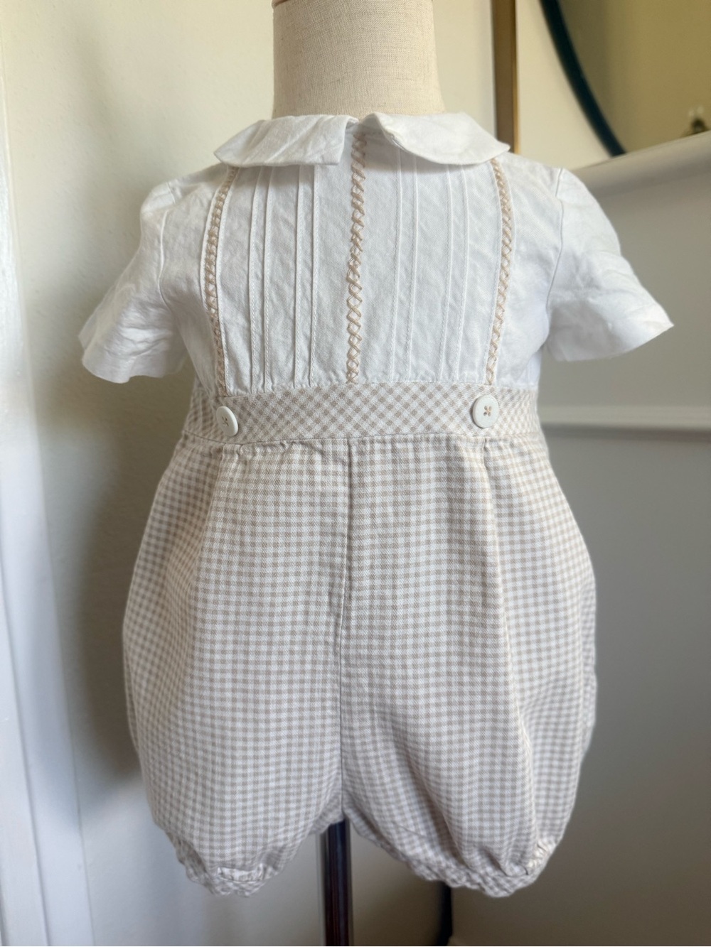 Luli & Me 24M Cream Gingham Bubble Romper White Pintuck